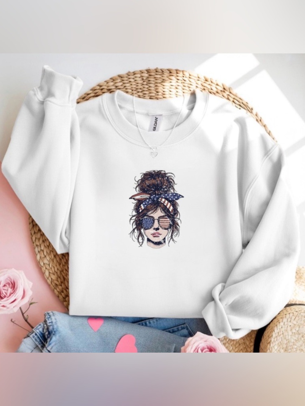 Patriotic Messy Bun Girl White Crewneck Sweatshirt USA 4th of July